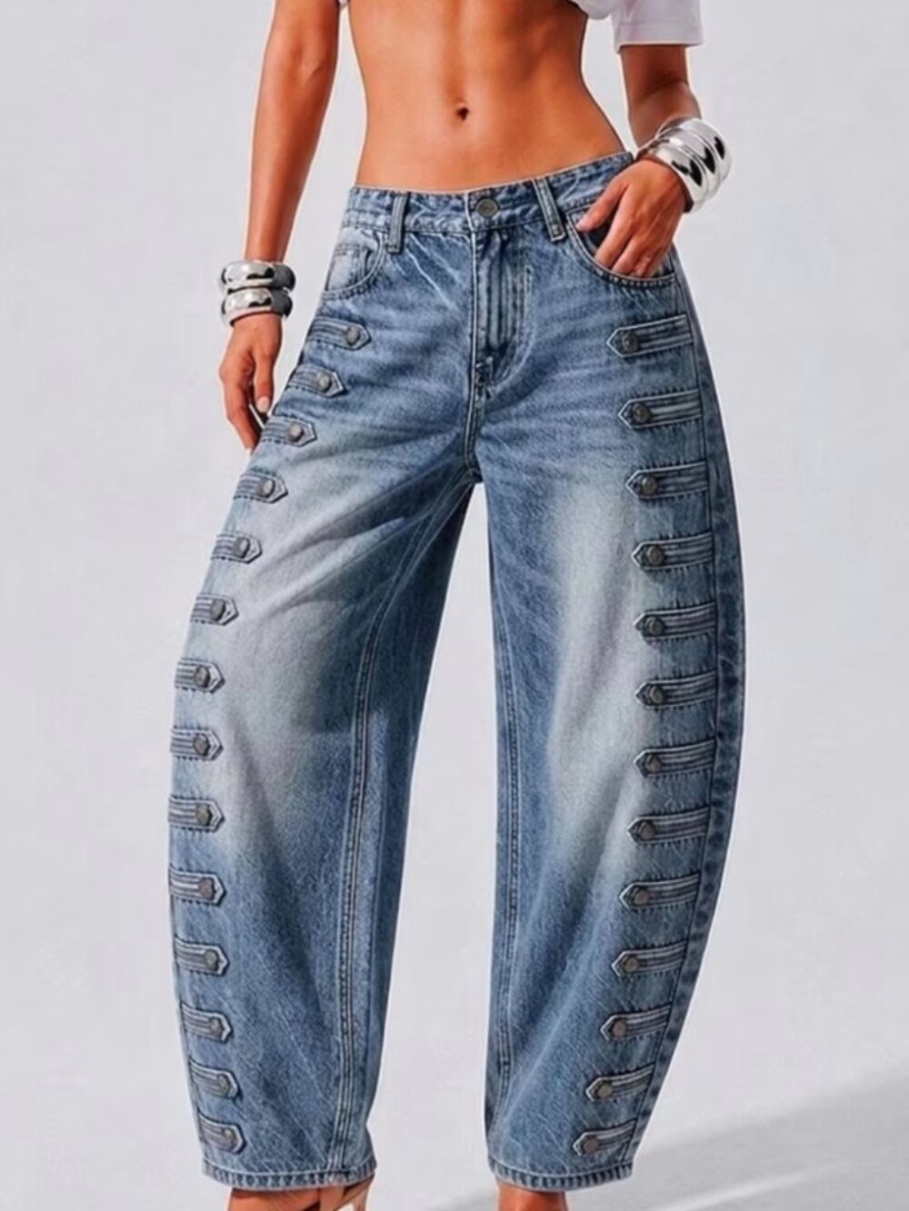 Women's High Waist Wide Leg Baggy Jeans - Edgy Denim Pants with Beltless Button - Picture 2 of 9